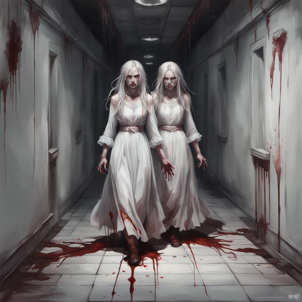 Sinister Twins Portrait in Ghostly Hallway