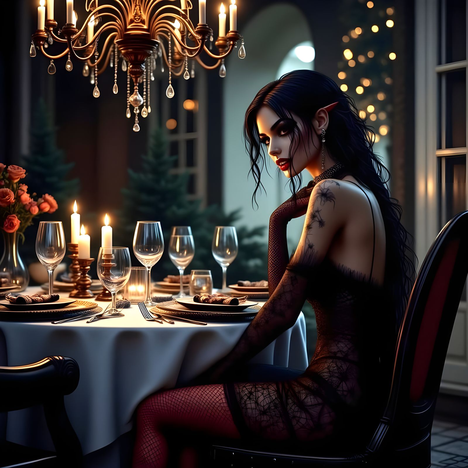 Elegant Vampire Goddess in Cyberpunk Gown Attends Upscale Di...