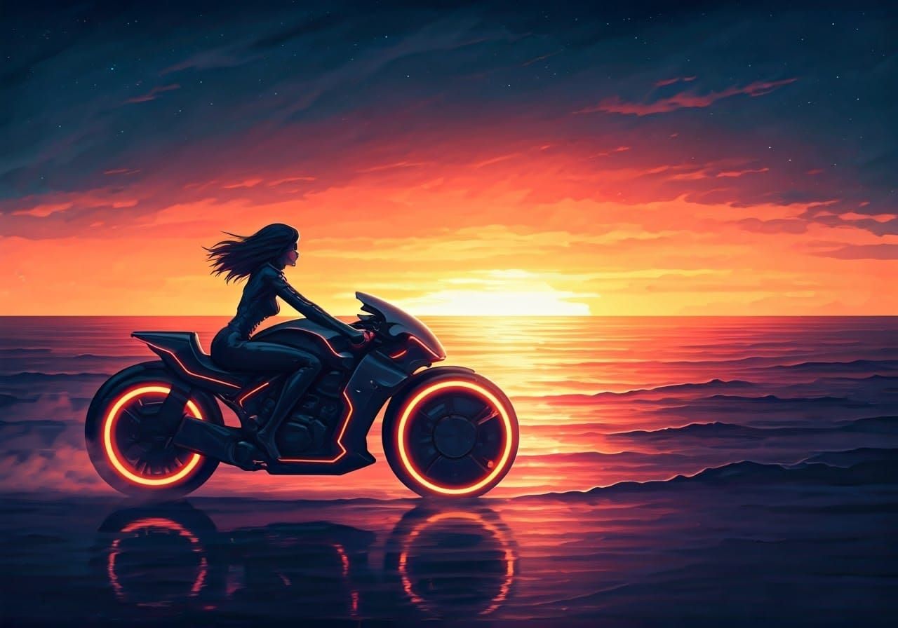 Cyberpunk Assassin Rides Light Cycle at Sunset