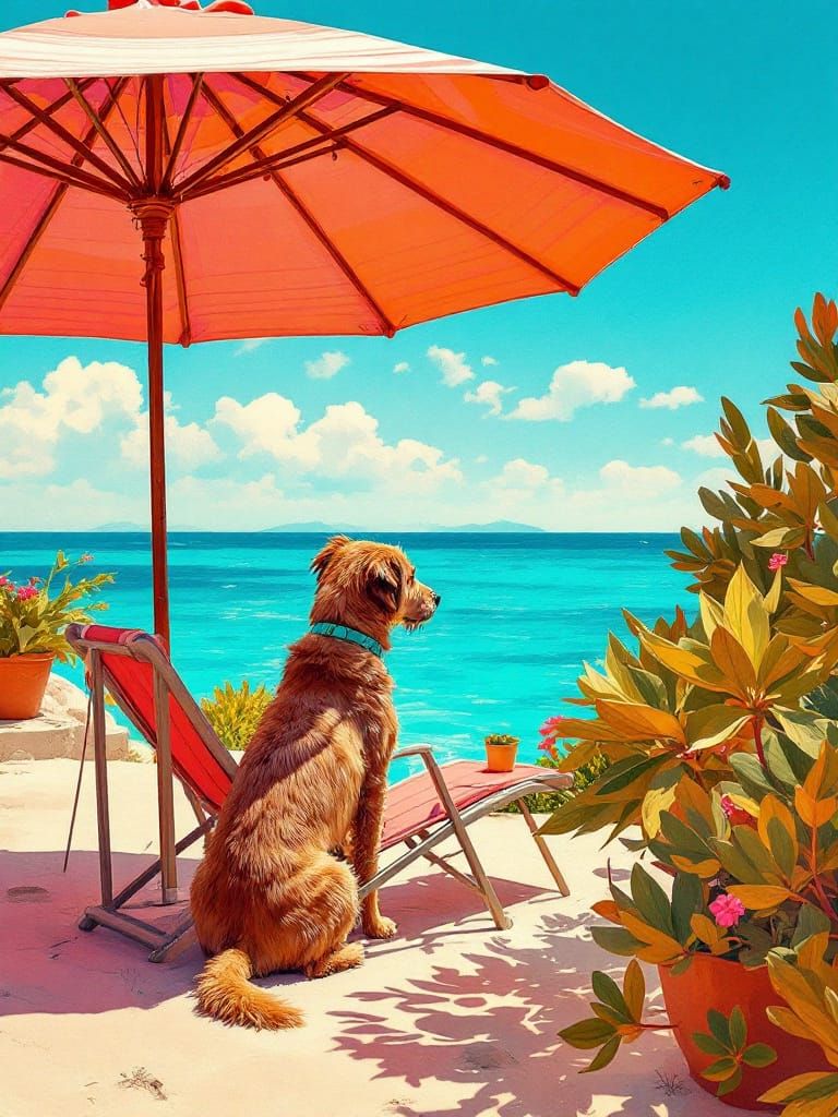 Dog Gazing at Sea in Sun-Drenched Mediterranean Style
