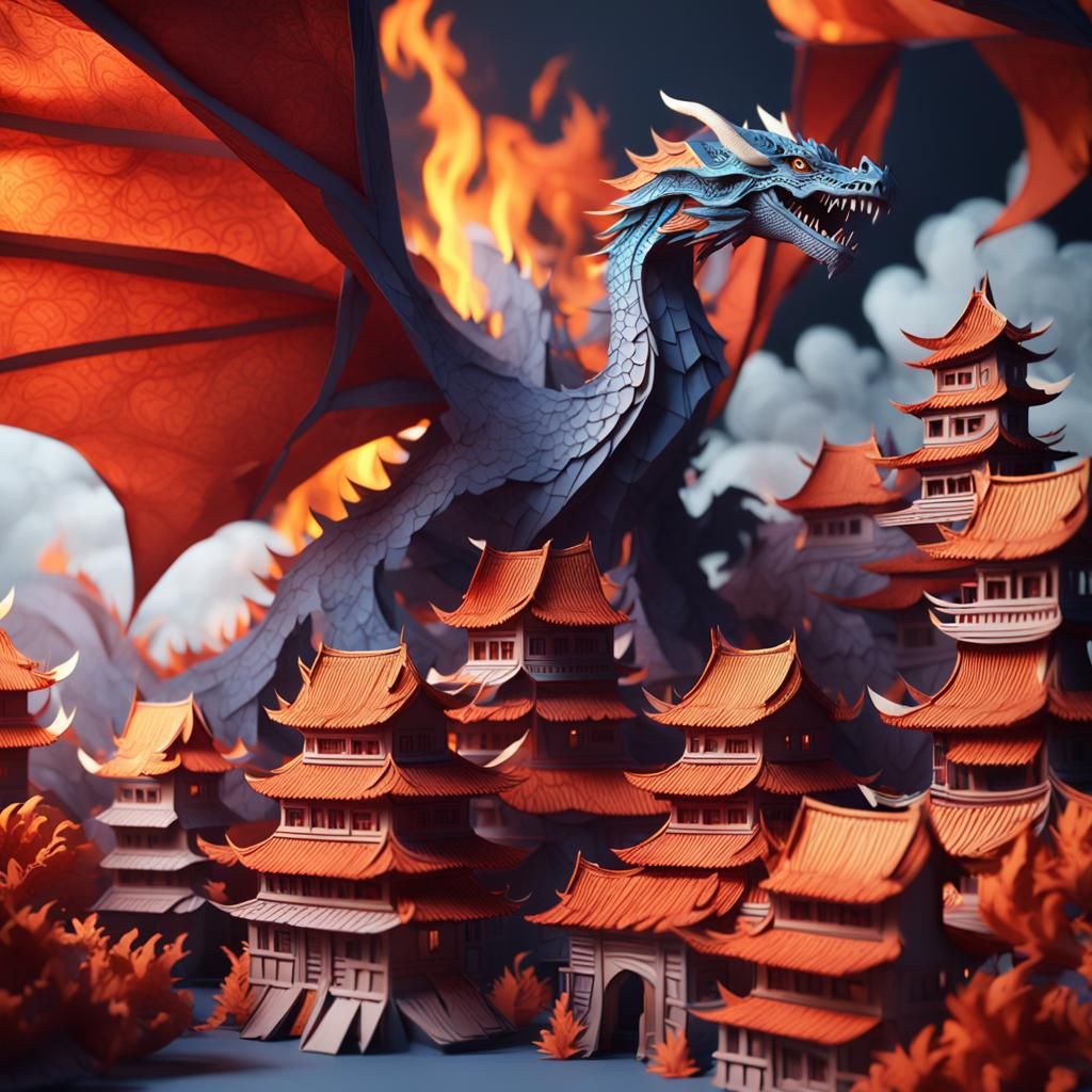 Kirigami Dragon Soaring Over Paper Village