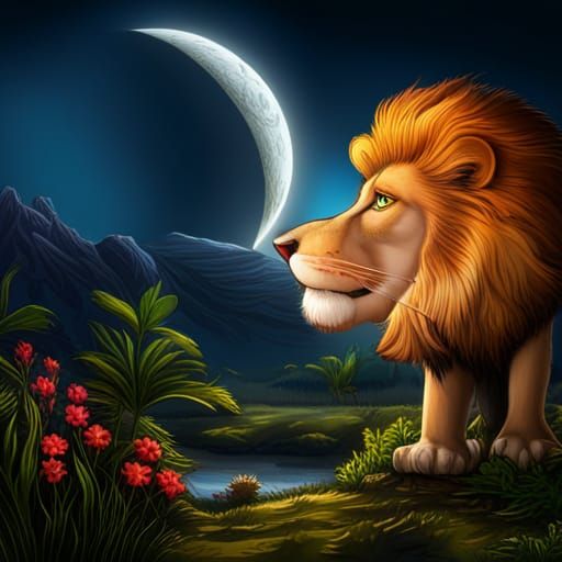 Cartoon Lion in Magical Jungle Talking to Moon