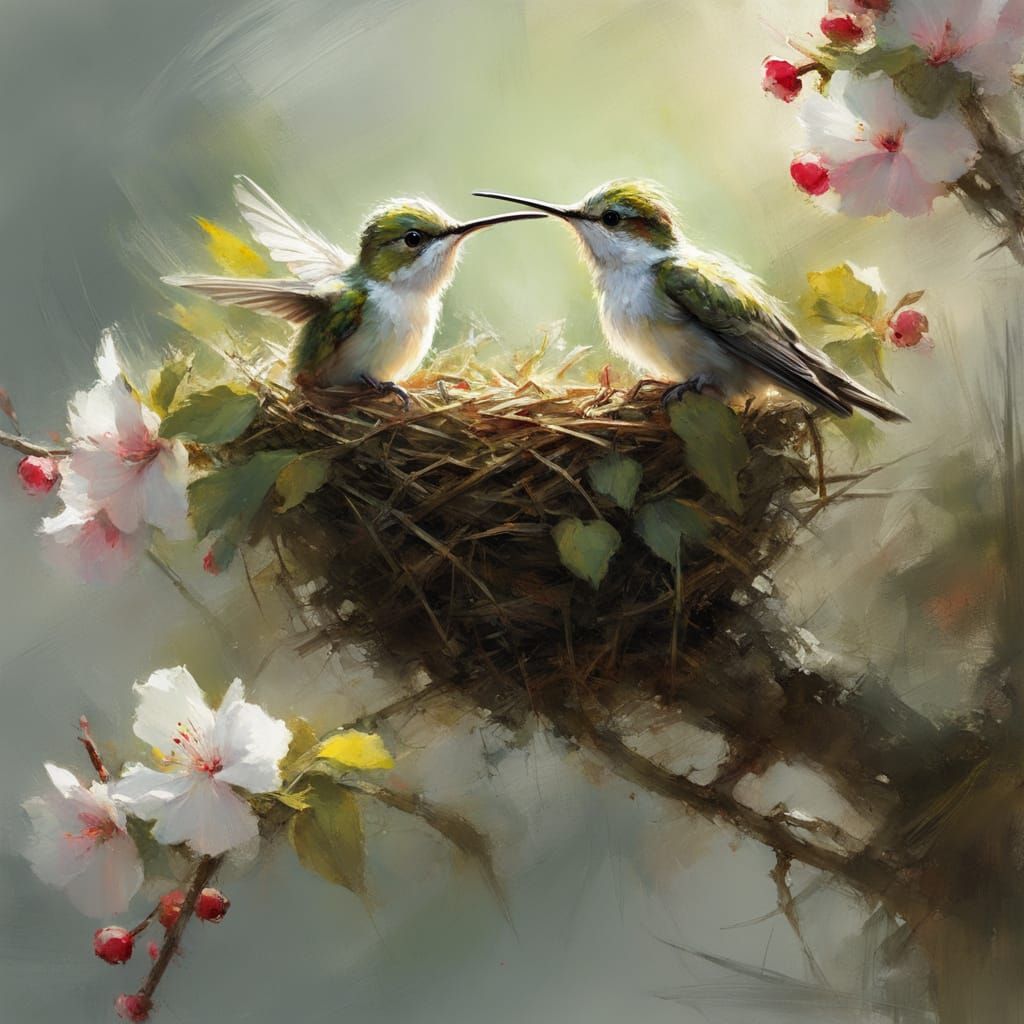 Baby Hummingbirds in Blossoms, Dramatic Light