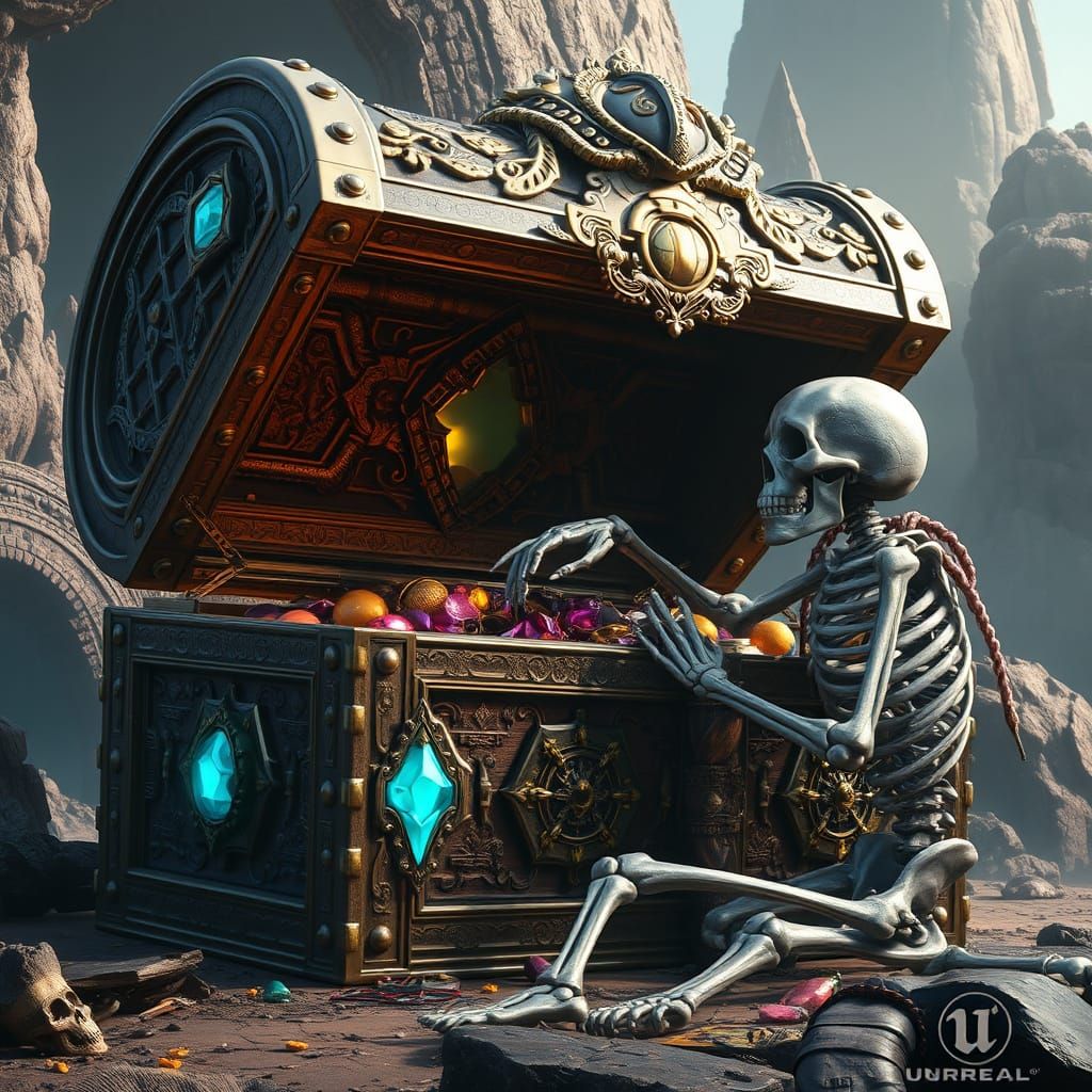 Skeleton Reaching for Treasure in Ornate Chest