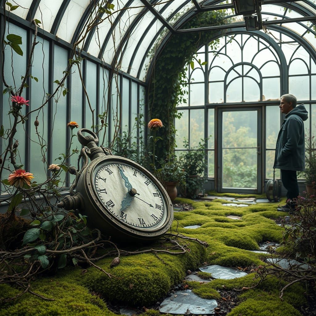 A weathered sundial is resting on the moss-covered floor of an overgrown greenhouse, surrounded by tangled vines, bloomi...
