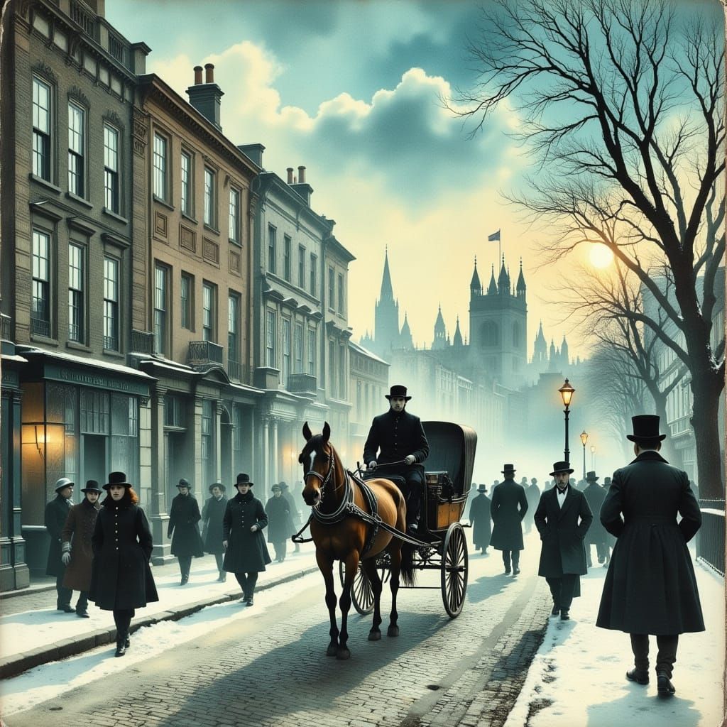 Victorian Era London Street Scene in Watercolor