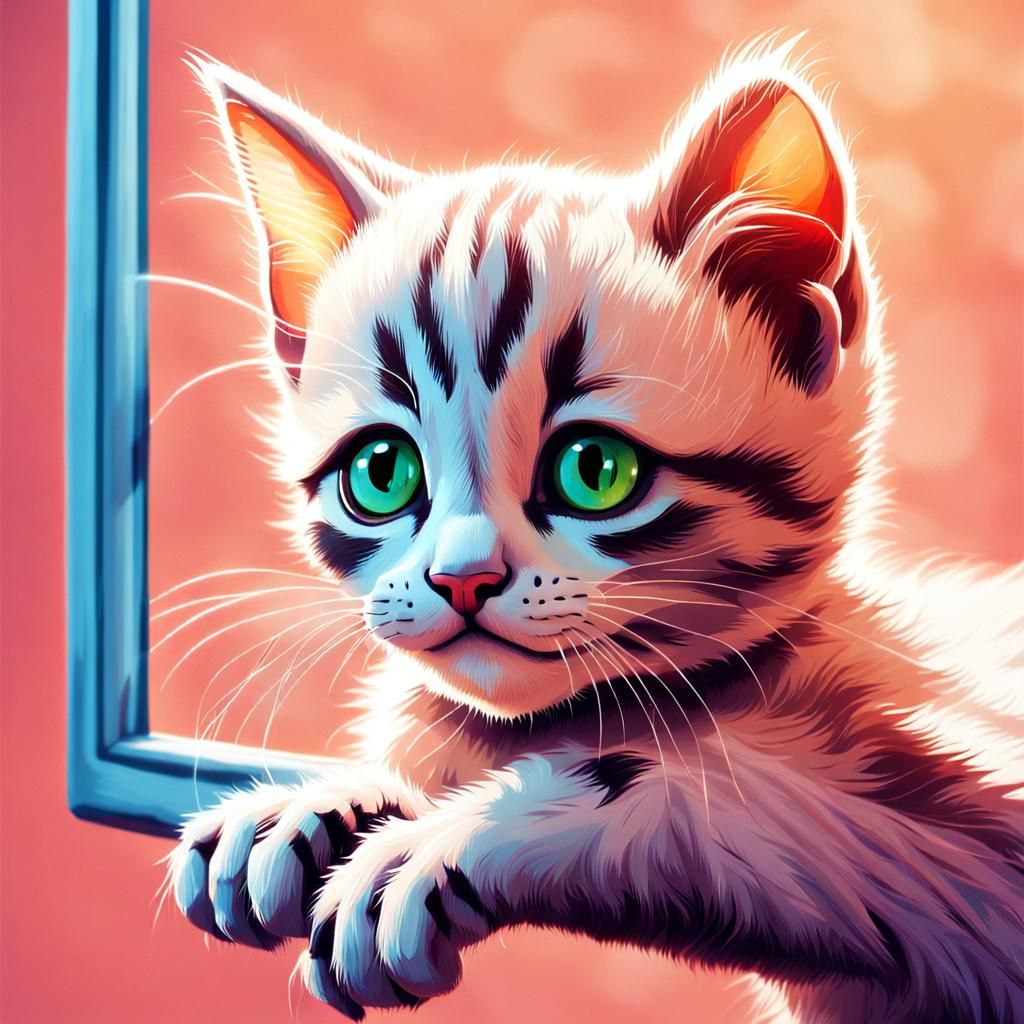 Kitten Targets Gecko in Wall Picture: Romantic Realism