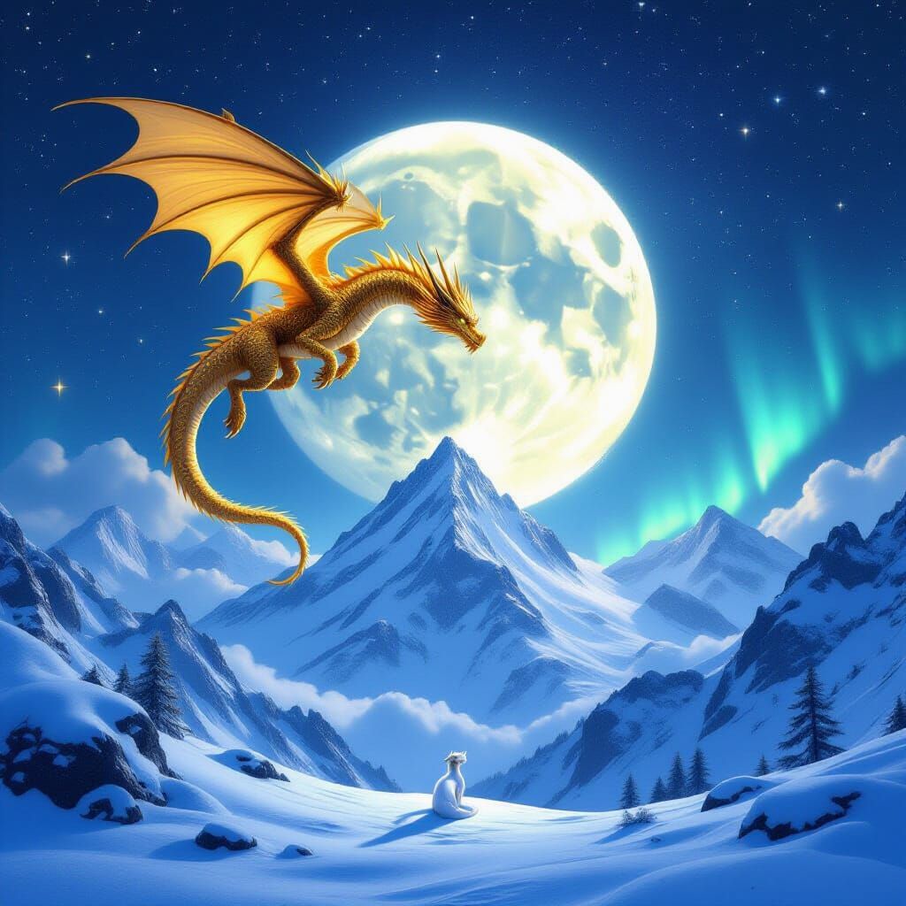 Golden Dragon Soars Over Cosmic Mountains with Aurora