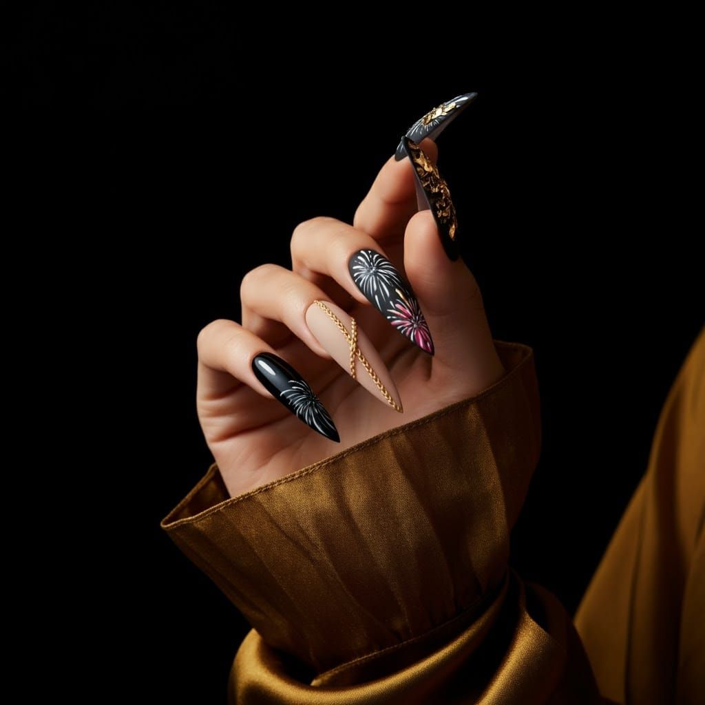 Elegant Edgy Nail Art Designs in Gold, Hot Pink, and Beige