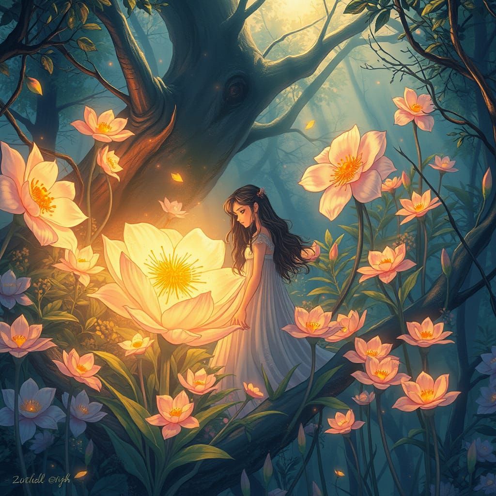 Maiden Surrounded by Glowing Blooms in Vibrant Forest