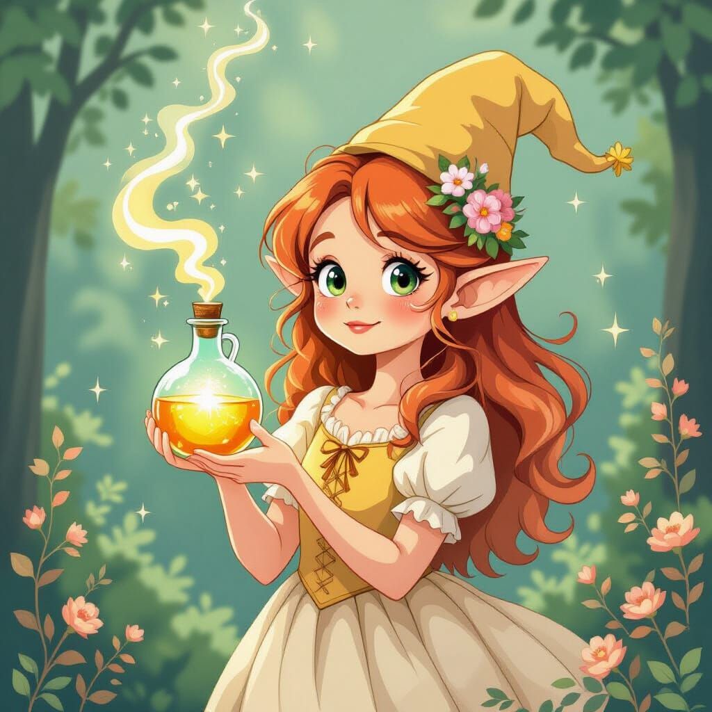 Charming Elf Conjures Ghost in Anime Style