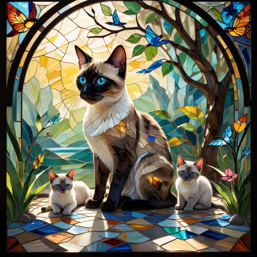 Siamese Cat Family in Vibrant Stained Glass Window