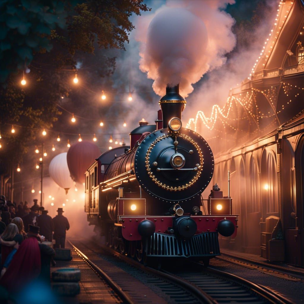 Enchanted Steam Train with Fairy Lights, Digital Art