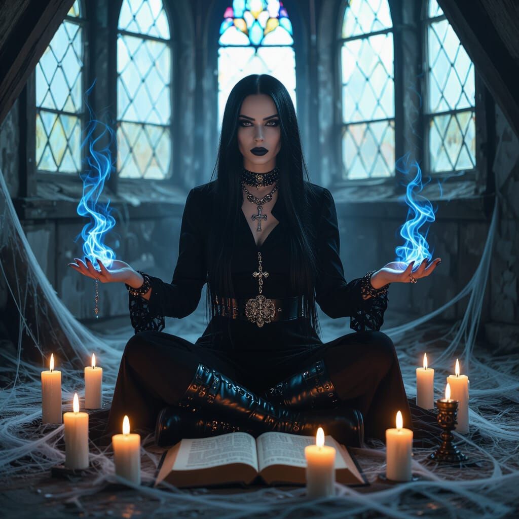 Gothic Woman Conjuring Spirits in Attic