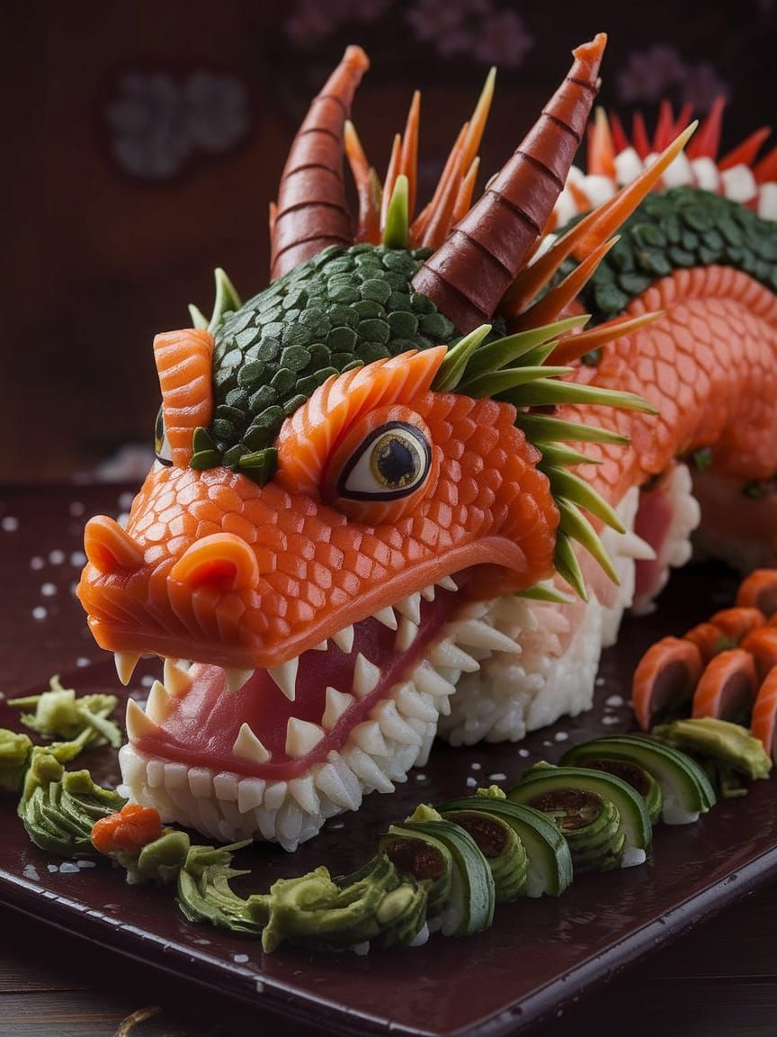 In a warmly lit kitchen, a majestic dragon head emerges from a sushi platter, its scales and features intricately crafte...