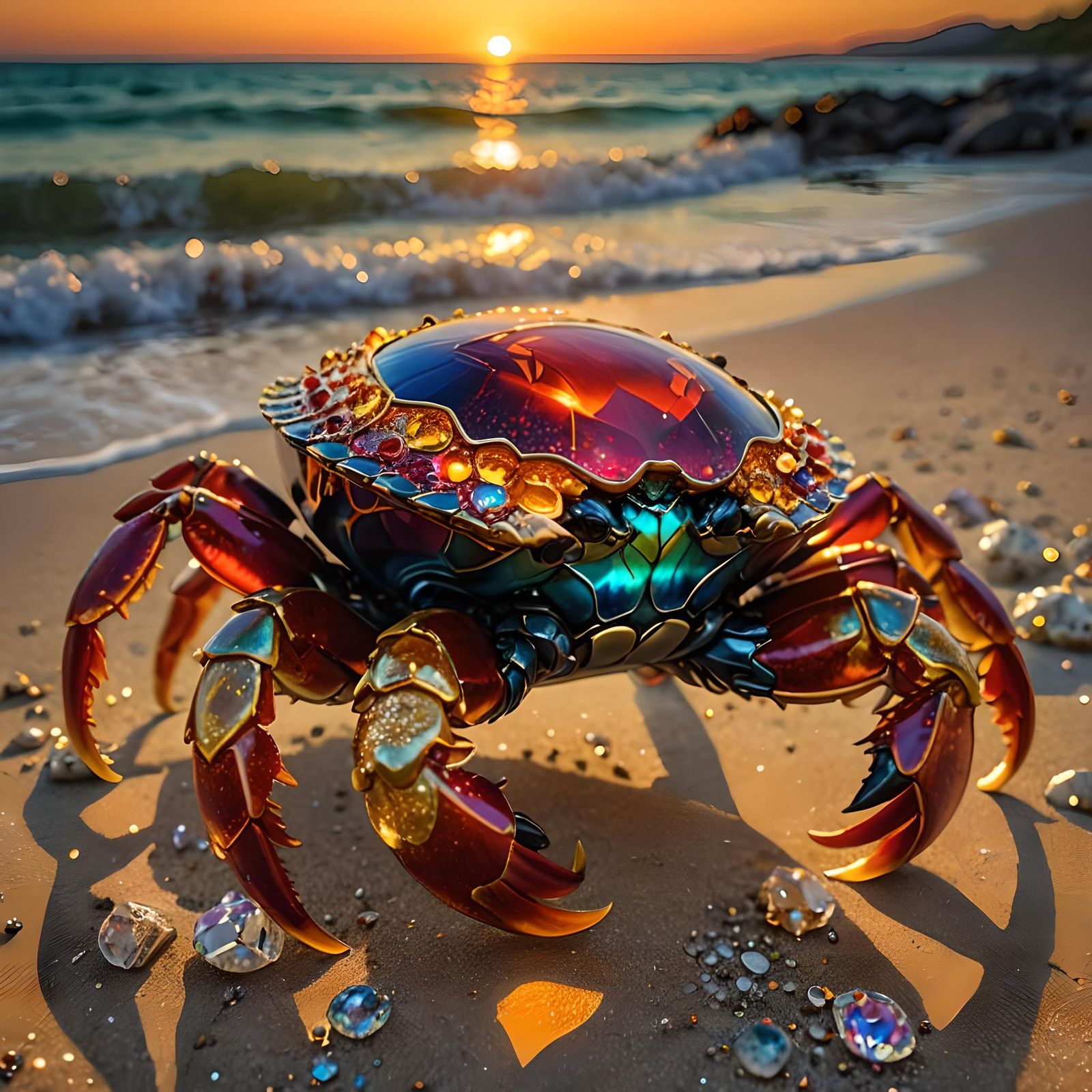 Gemstone Crab on Glittering Beach at Sunset