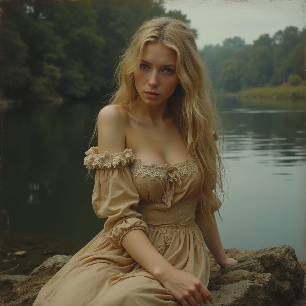 Melancholy Woman by Lake in Hyperrealistic Style