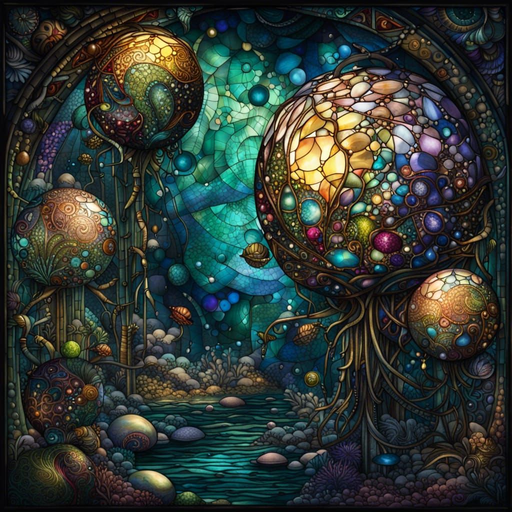 Stained Glass Spheres: Space Aliens in Underwater Dreamscape