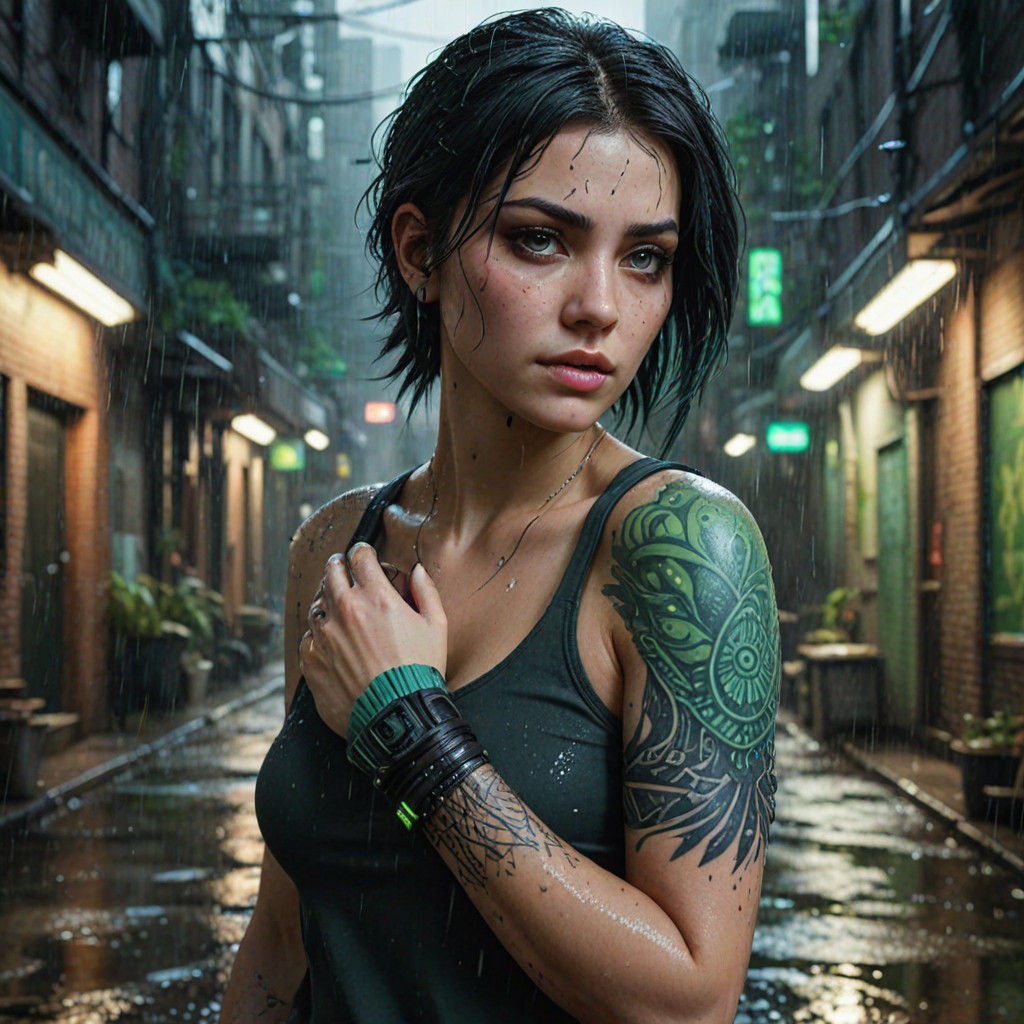 Gritty Urban Goddess in Rain-Soaked Alleyway