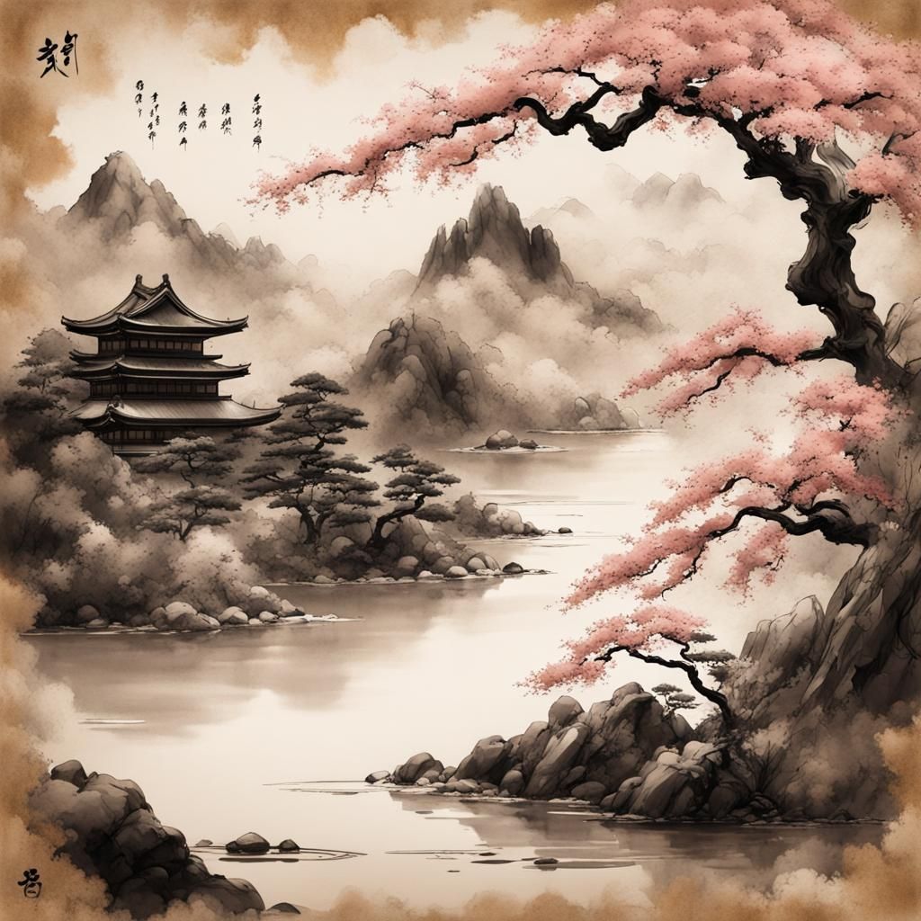 Sakura in Sumi-e Style Zen Art