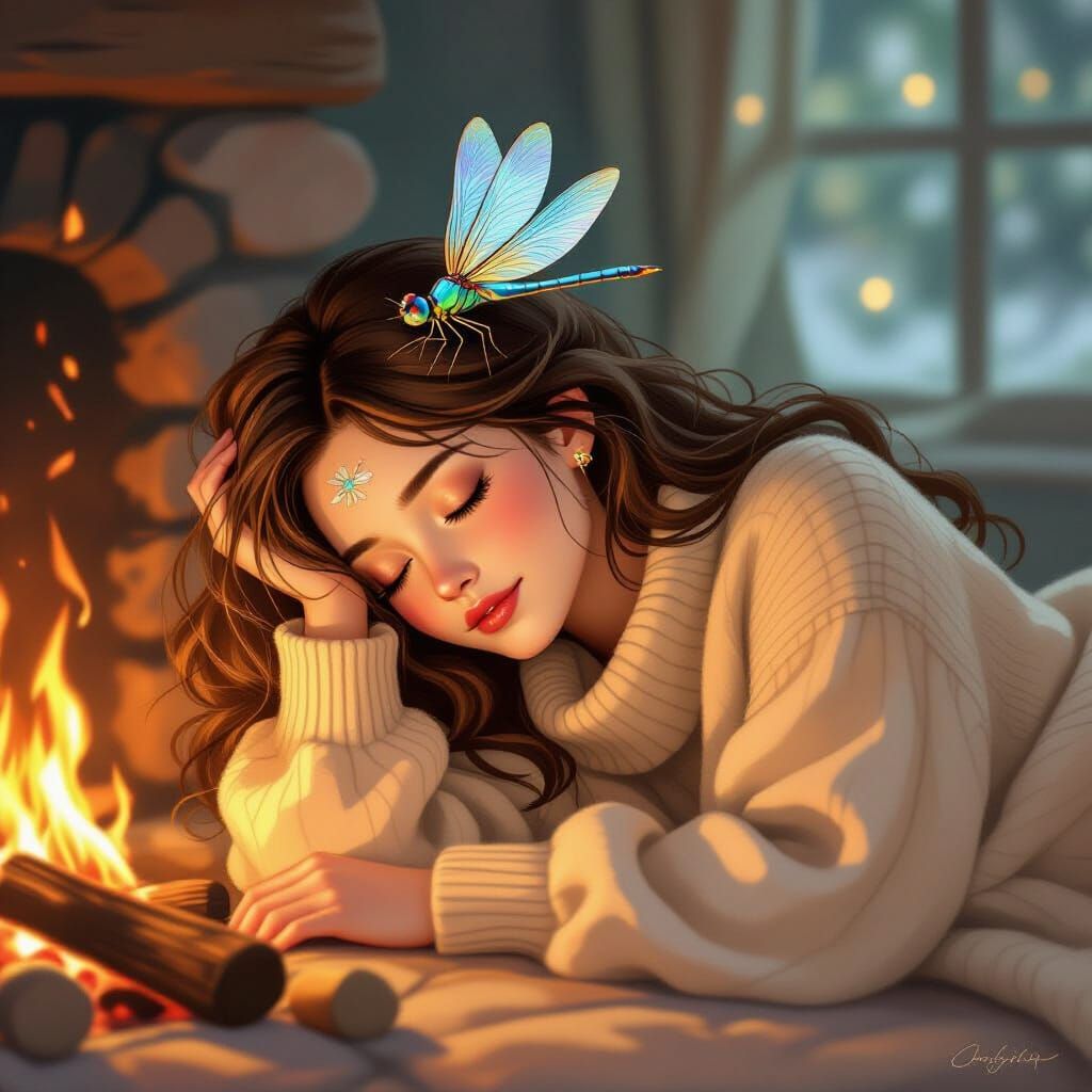 Dreamy Woman with Dragonfly, Anime-Inspired Art