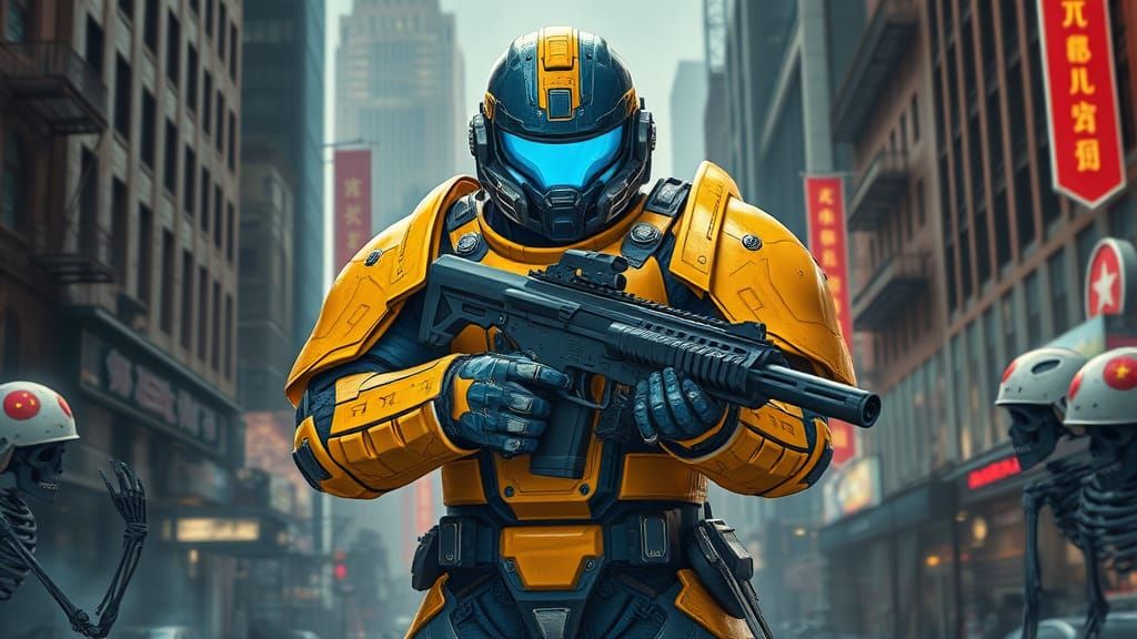 Heroic Warrior in Devastated New York City, Cyberpunk Style