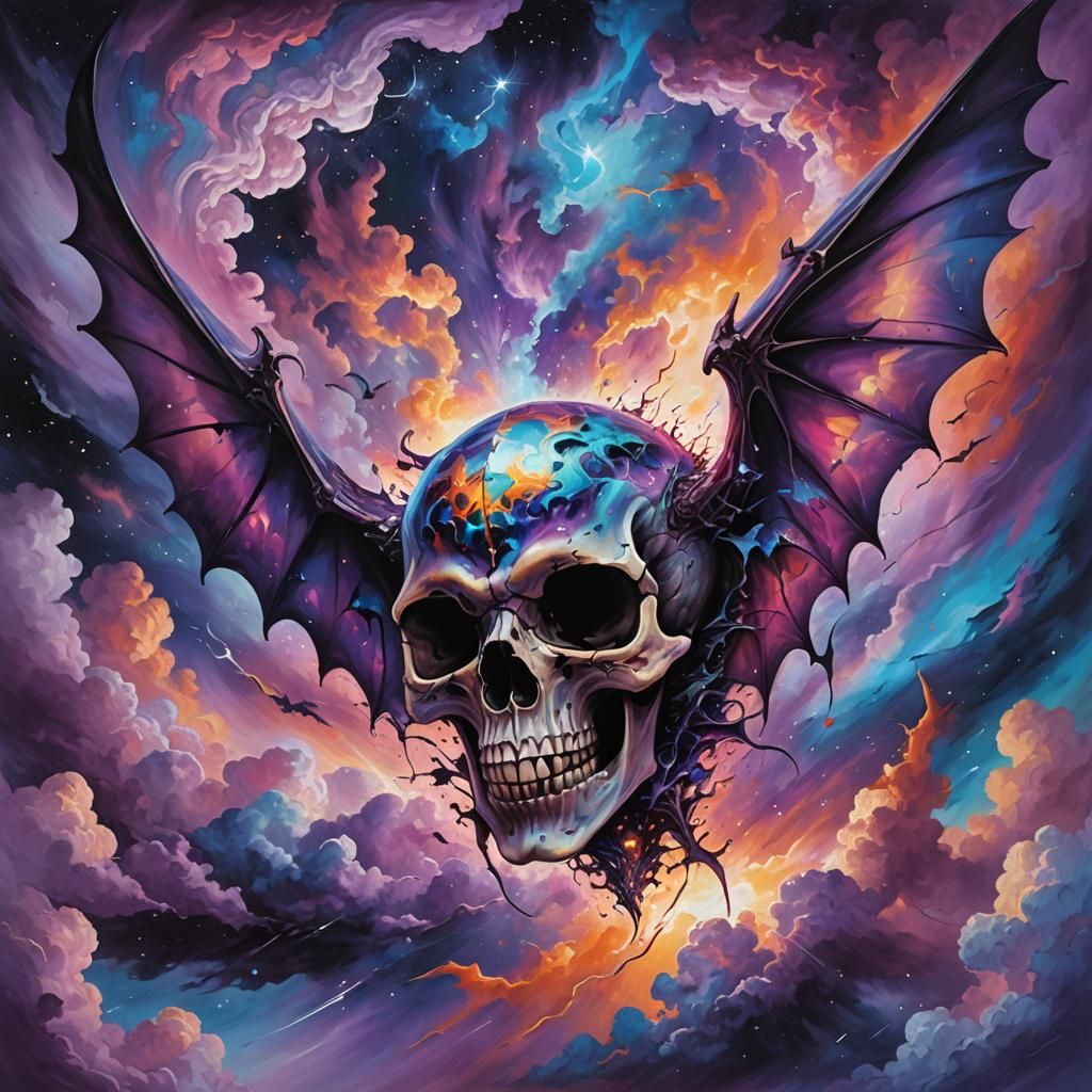 Cosmic Winged Skull in Dreamlike Astral Vortex
