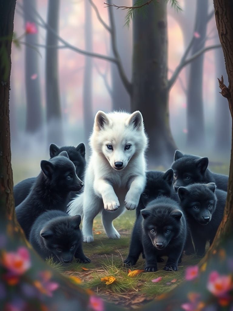 Albino Wolf Cub and Pack in Mystical Forest