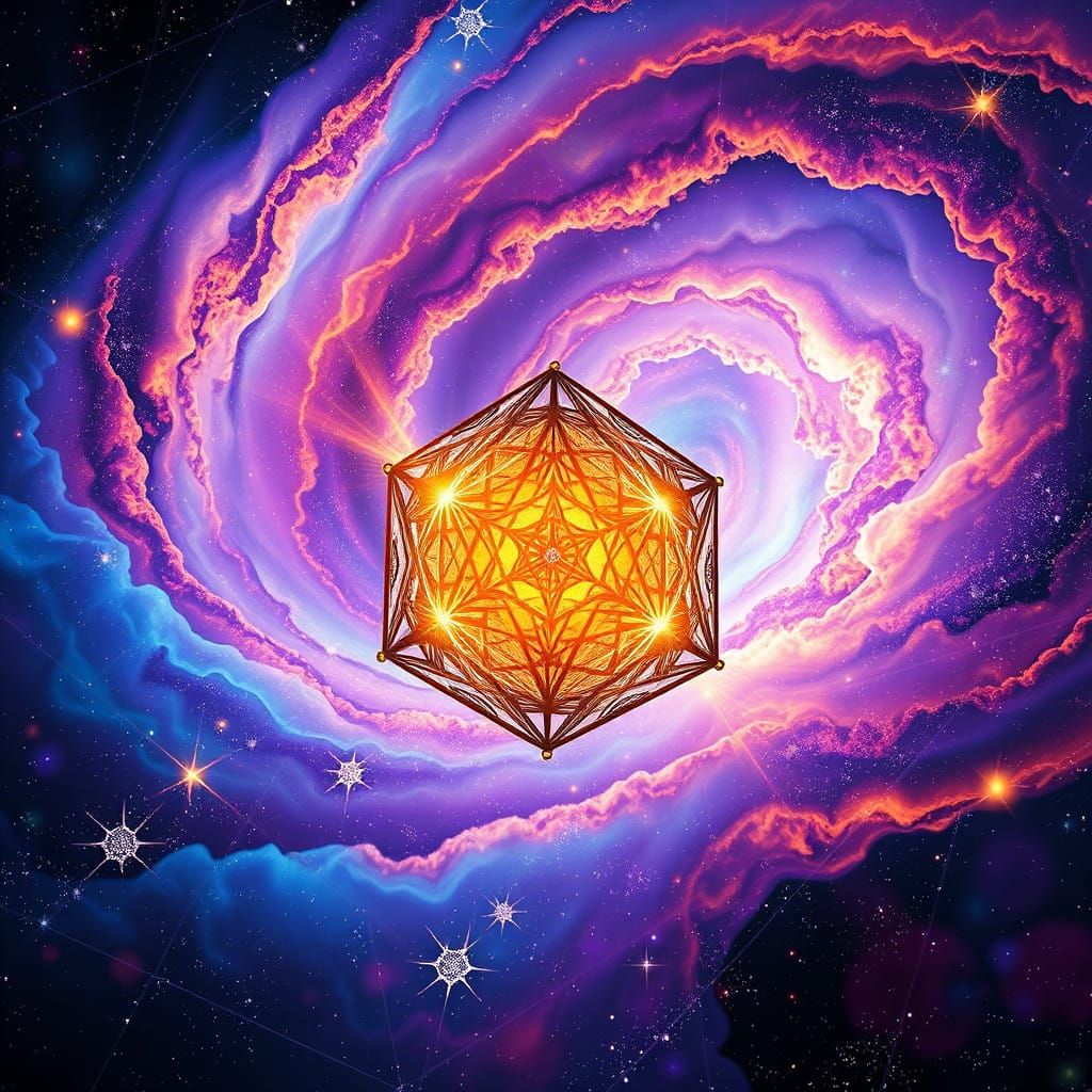 Ethereal Metatron's Cube in Swirling Galaxy