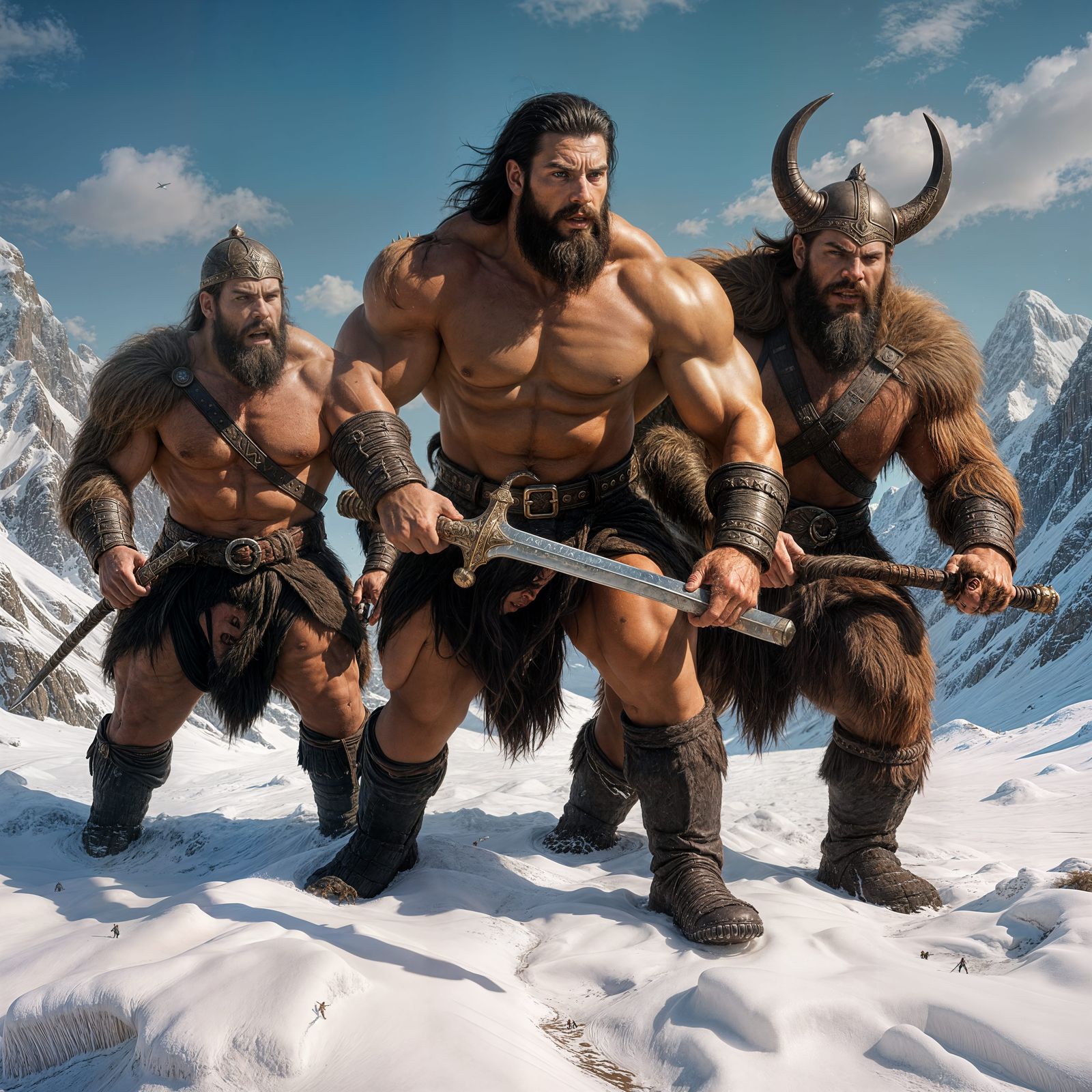 Conan Battles Snow Giants in Frazetta Style