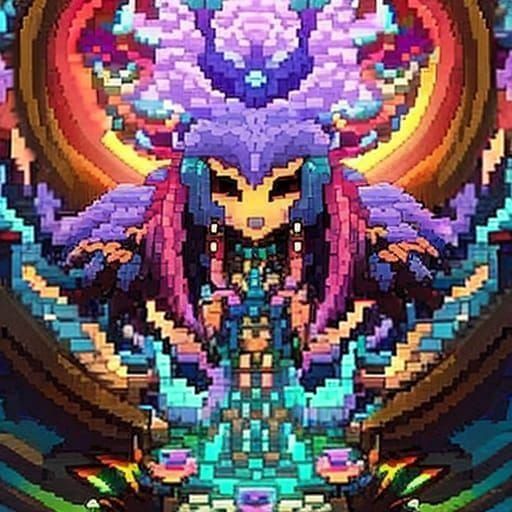 Rainbow Pixel Art Protogen Lion in Neon Forest
