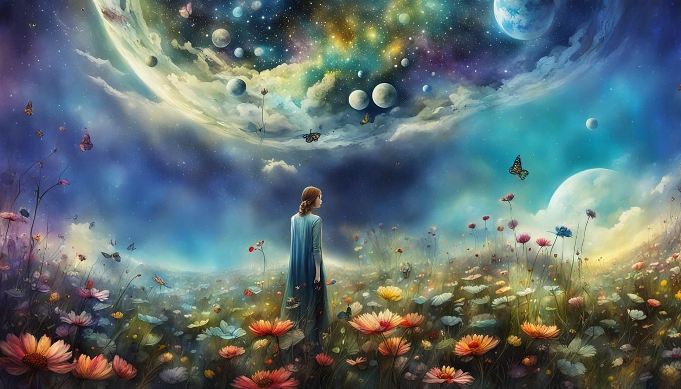 Surreal Flower Meadow Dripping Off Planets