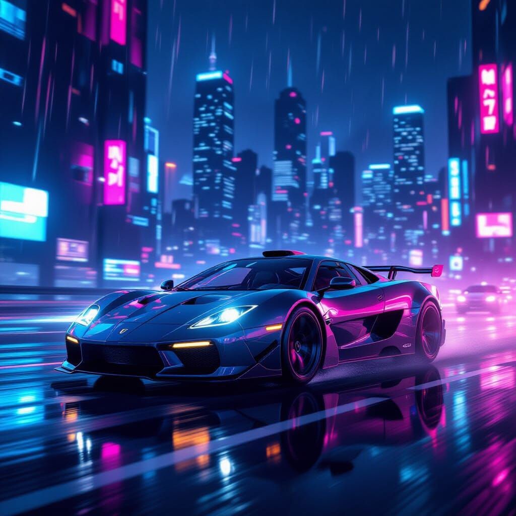 Cyberpunk Sports Car Speeds Through Neon Cityscape