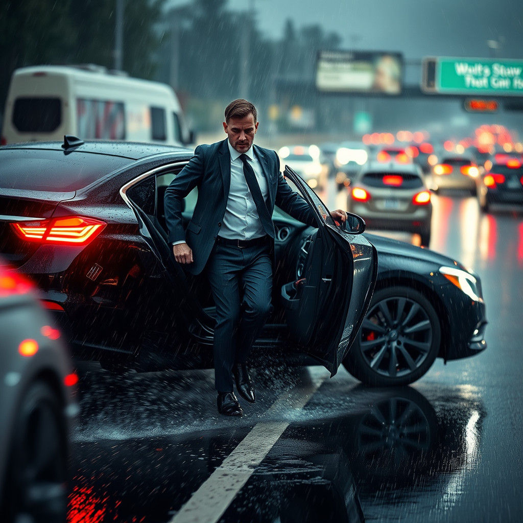 Hyperrealistic Rainy Freeway Scene in Cinematic Style