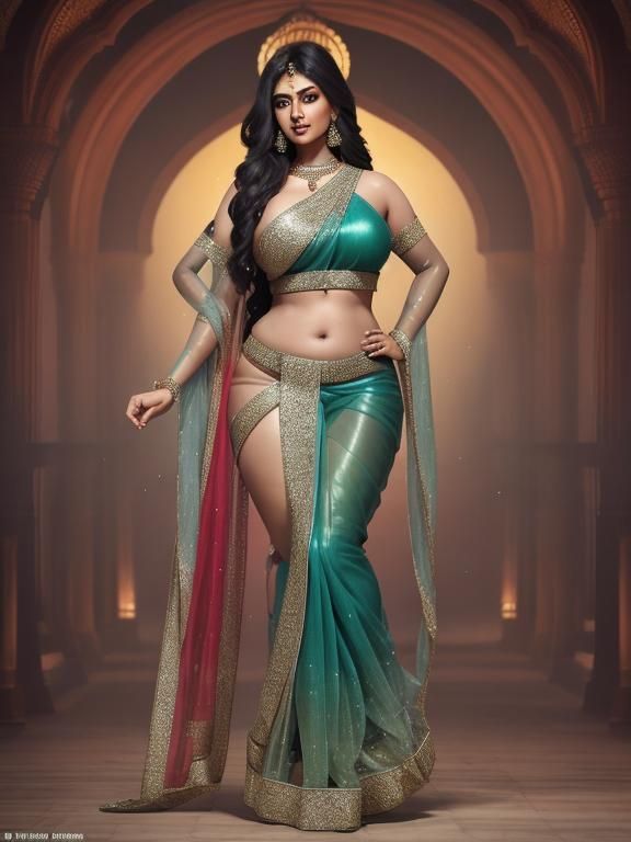 Indian Woman in Transparent Saree: Curvy Digital Art