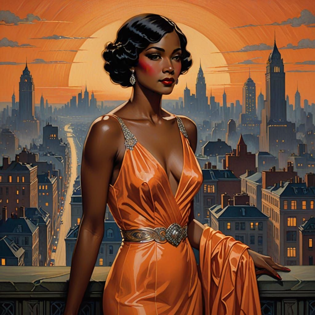 Art Nouveau Cityscape with Elegant Woman in Gown