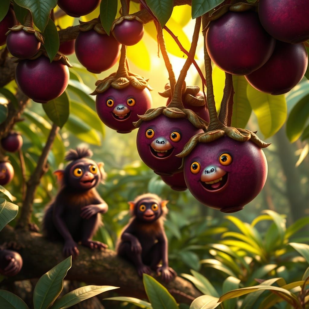 Vibrant Plum-Purple Mangosteen Fruits in Whimsical Jungle Sc...