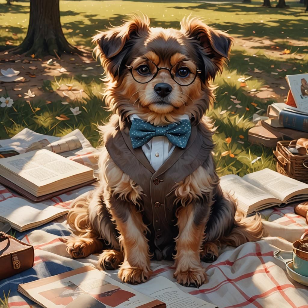 A cute fluffy brown dog wearing a bow tie and glasses with a...