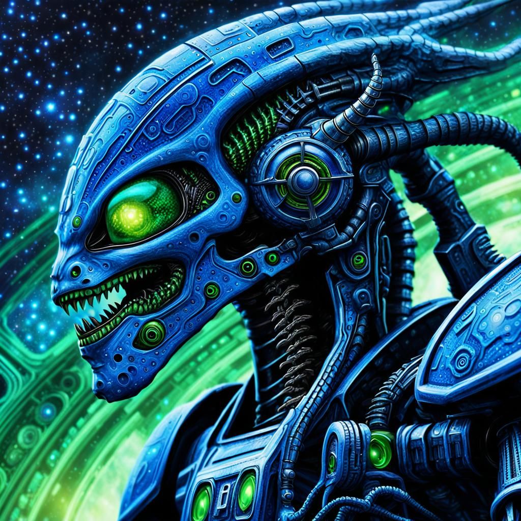 Blue Dragon Alien Piloting Mecha in Biomechanical Style