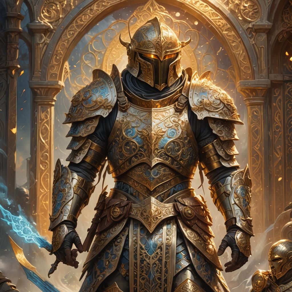 Armored Soldier in Mystical Golden Hour: Fantasy Oil Paintin...