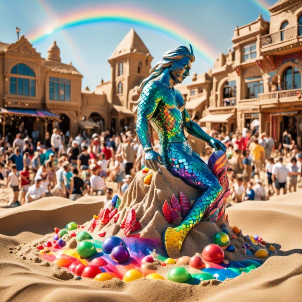 Rainbow Scaled Merman Sand Sculpture in 3D