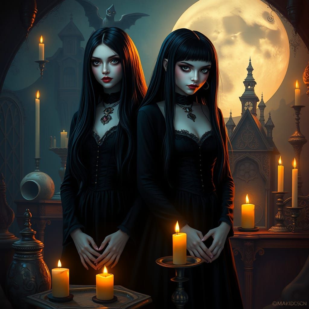 Elegant Addams Family Scene in Dark Fantasy Style