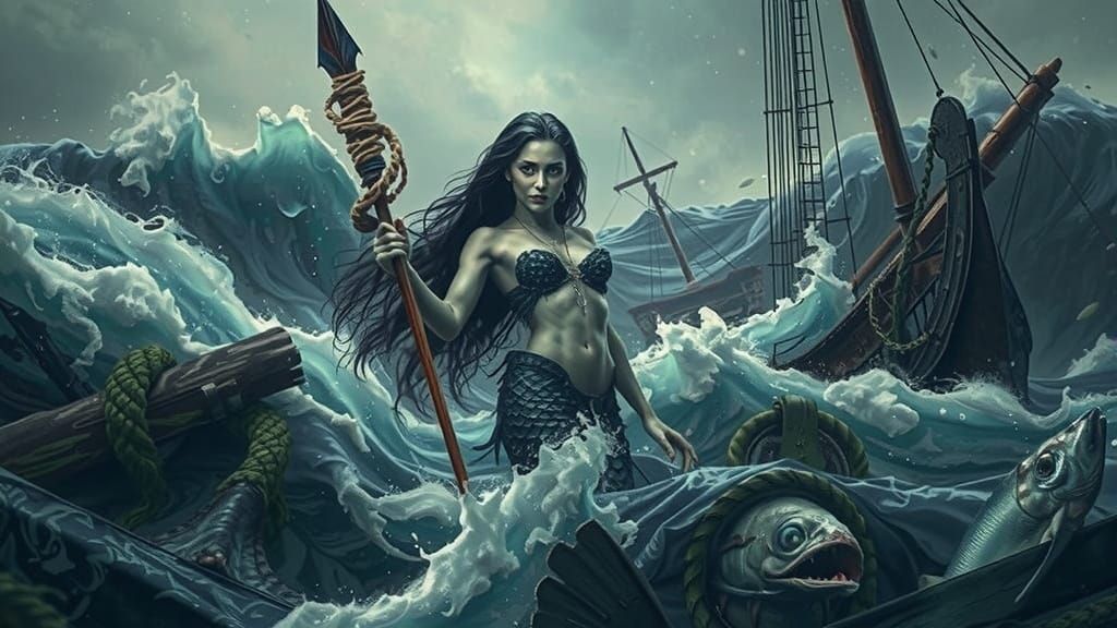 Sinister Mermaid Amidst Sinking Ship: Cinematic Style
