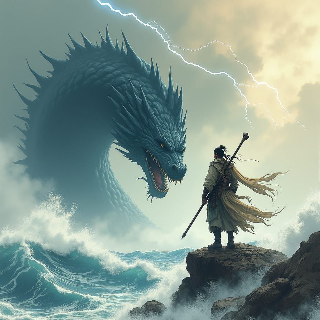 Asian Warrior Confronts Leviathan in Japanese Ink Art