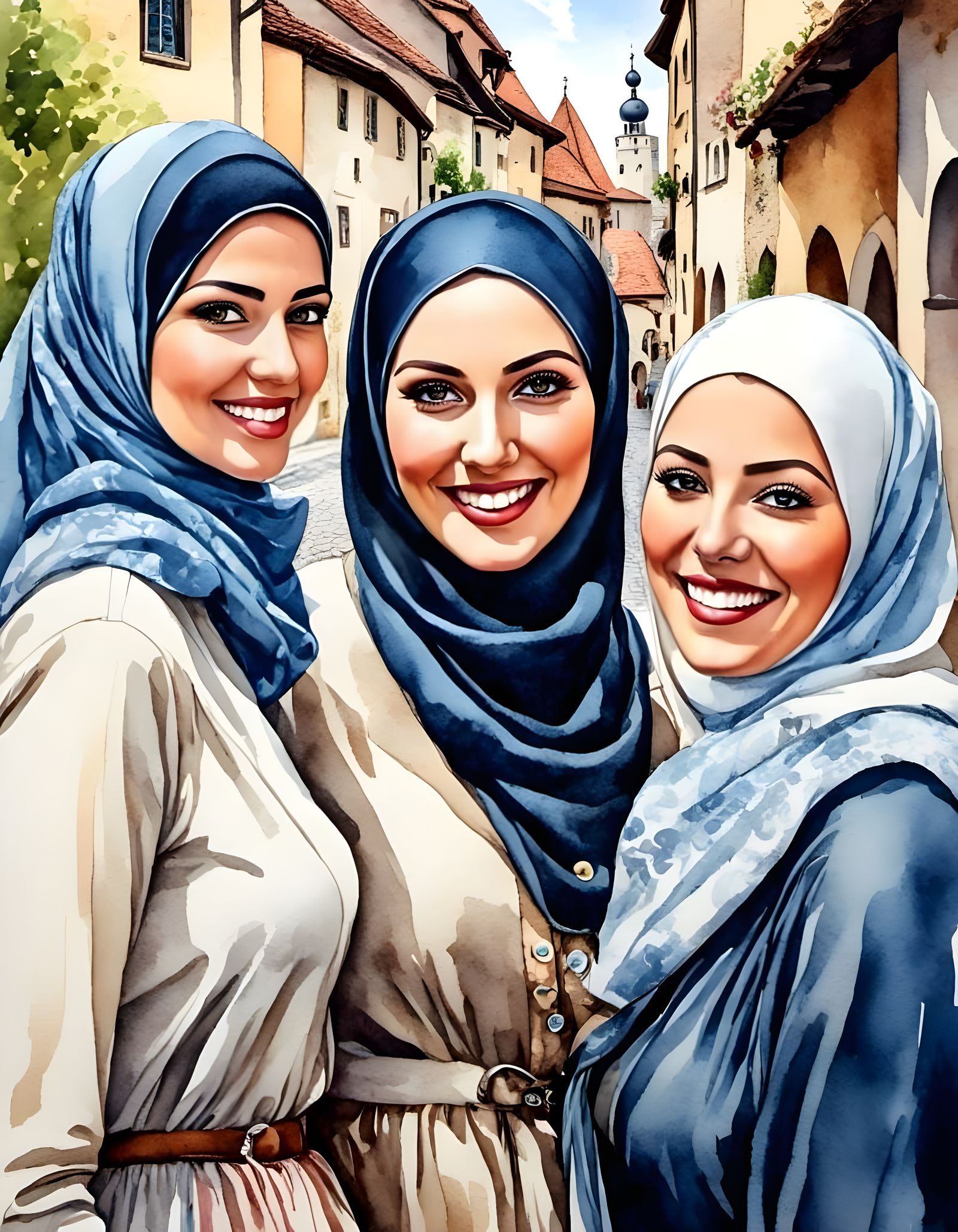 Medieval City Walk: Watercolor Portrait of Hijabi Women