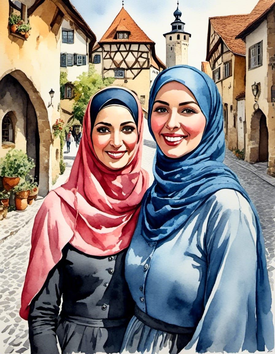 European Women in Hijabs in Medieval City