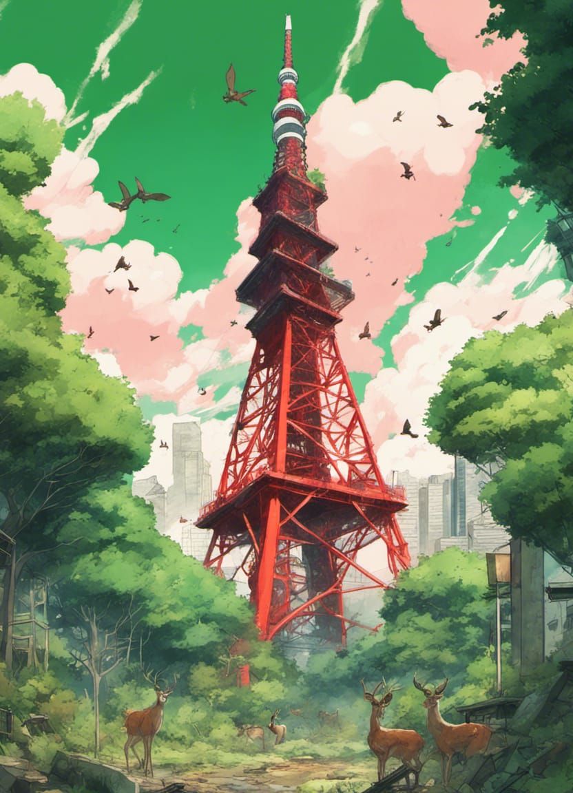 Post-Apocalyptic Tokyo Tower with Mutated Deer
