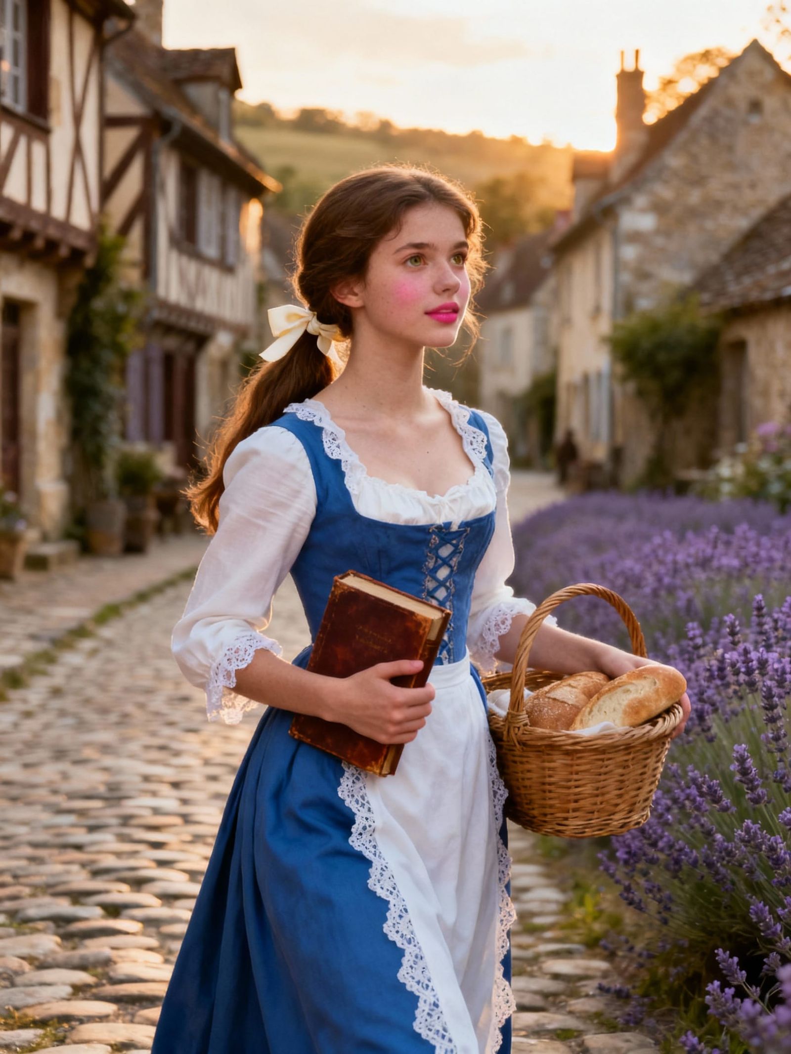 1700s French Village Girl with Book and Basket
