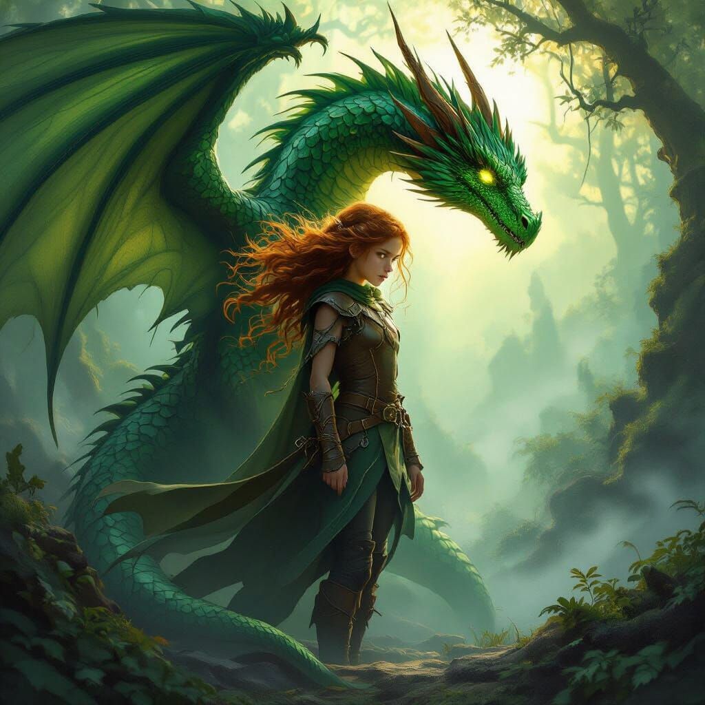 Girl Merging With Emerald Dragon in Ancient Forest