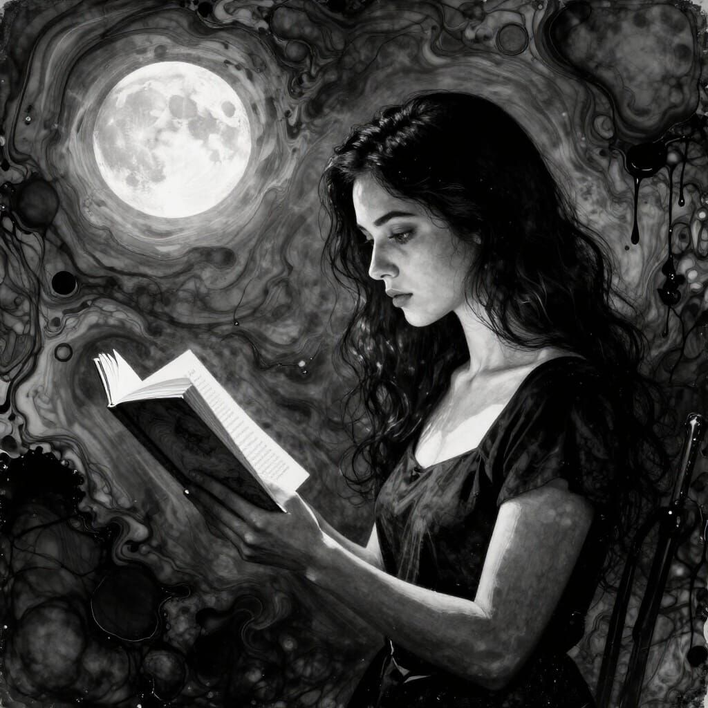 Moonlit Reading in Surreal Alcohol Ink Style